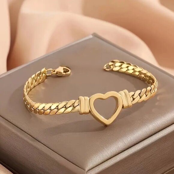 Womens 14K Gold Cuban Chain Link Heart Bracelet NEW 14 Karat